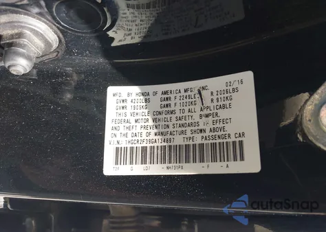 2016 Honda Accord Lx из США, поврежденный, VIN 1HGCR2F39GA134897